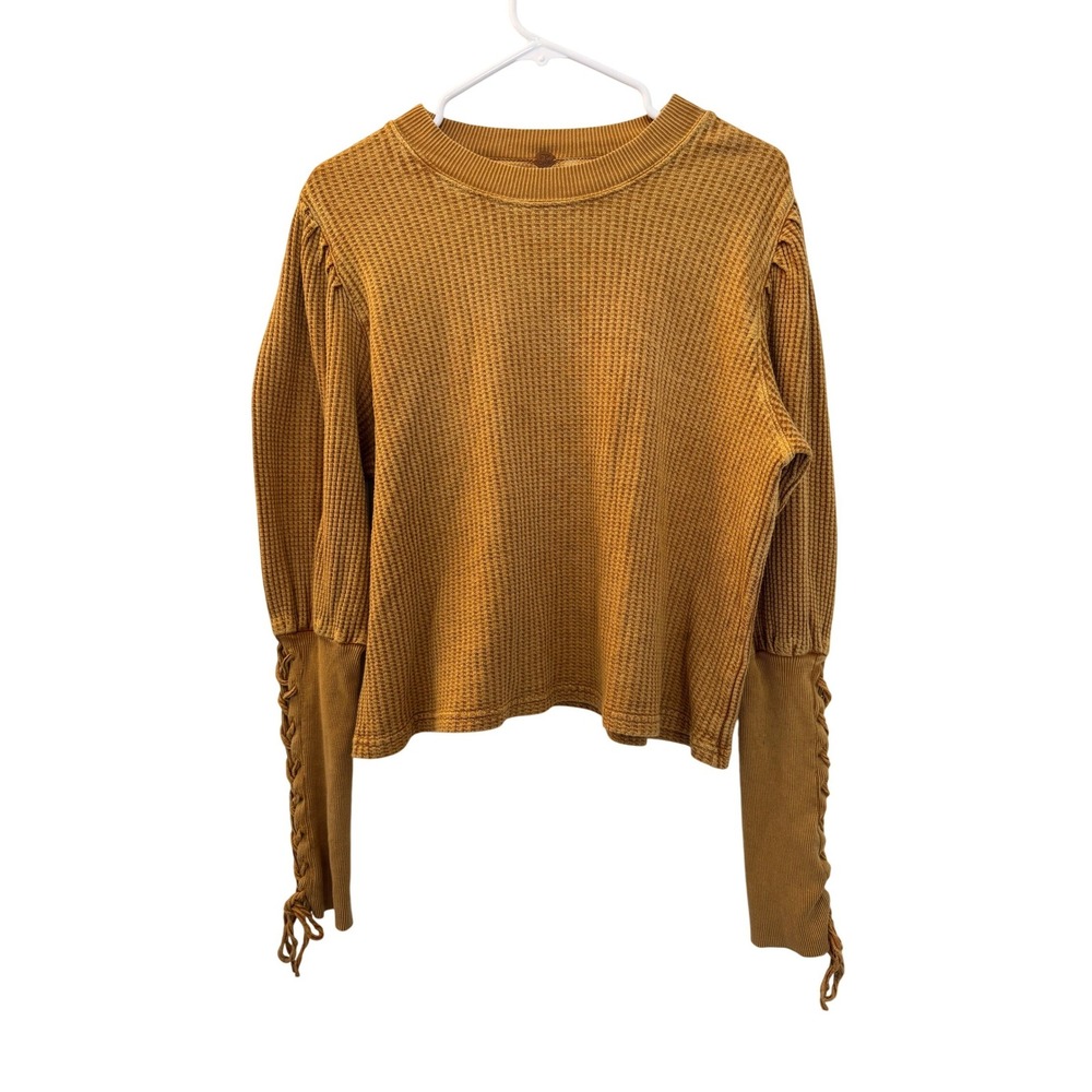 Free People FP One Tasha Cropped Thermal Mustard Yellow Waffle Sleeve Top Medium